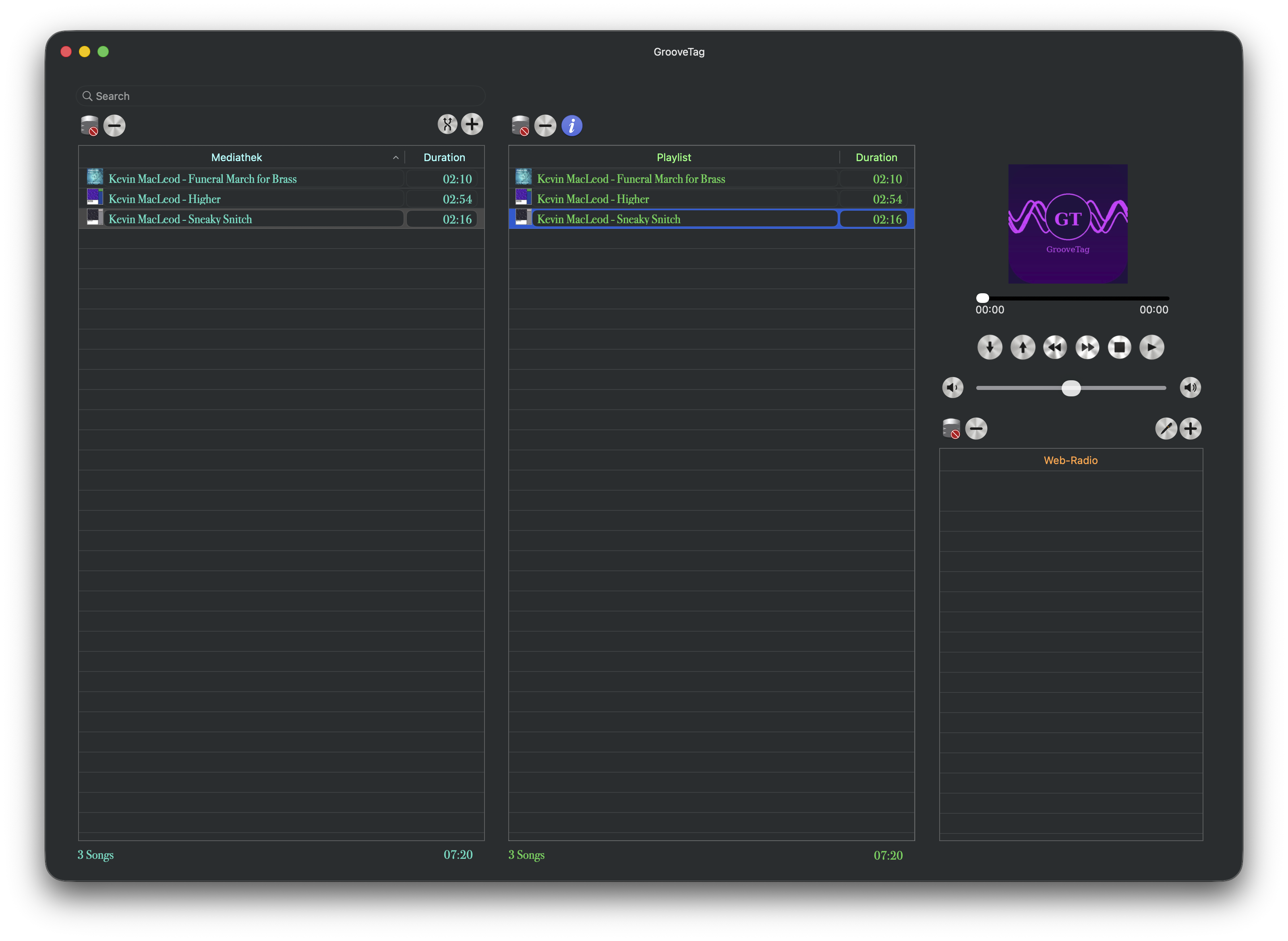 GrooveTag Playlist-Ansicht mit MP3-Bibliothek und Player-Controls